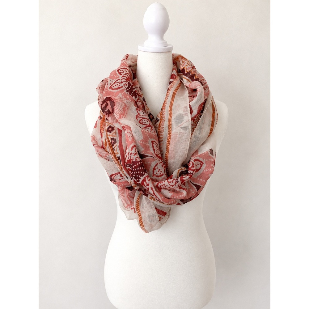 Sheer Romantic Floral Scarf 44 x 70 Funnel Infinity Blush Maroon Brick Boho